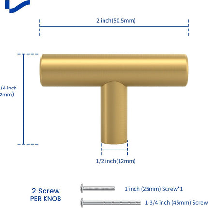 12 Pack Gold Drawer Knobs – Brushed Brass T Bar Cabinet & Dresser Hardware
