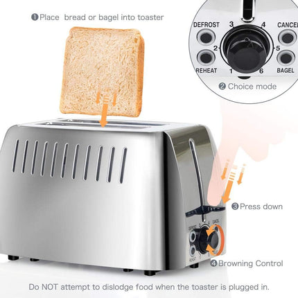 750W 2-Slice Bagel Toaster with 6 Browning Settings and Defrost Function