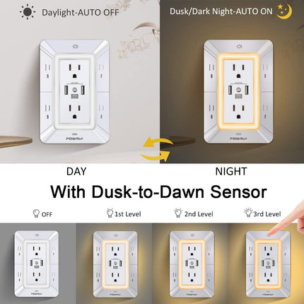 3-Sided 6-Outlet Surge Protector with USB-C, 3 USB Ports & Night Light, White