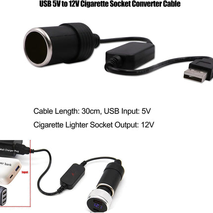 USB A Male to 12V Car Socket Converter Cable – 8W Max, Female Lighter Adapter