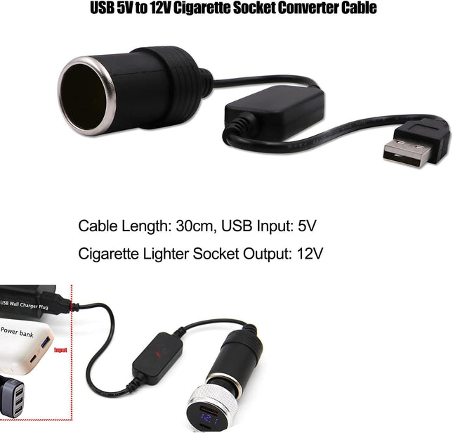 USB A Male to 12V Car Socket Converter Cable – 8W Max, Female Lighter Adapter