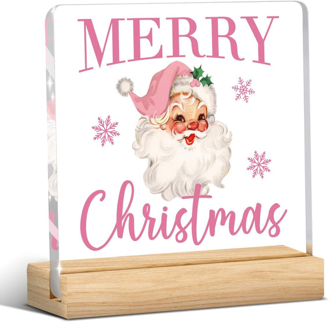 Pink Christmas Decorations, Vintage Santa Claus Acrylic Sign, Gift Idea for Women & Friends