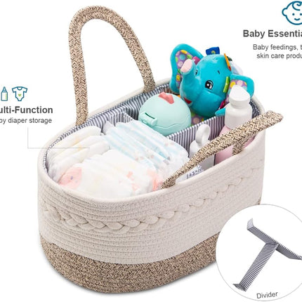 Baby Diaper Caddy Organizer – Portable Cotton Woven Basket, Adjustable Compartments