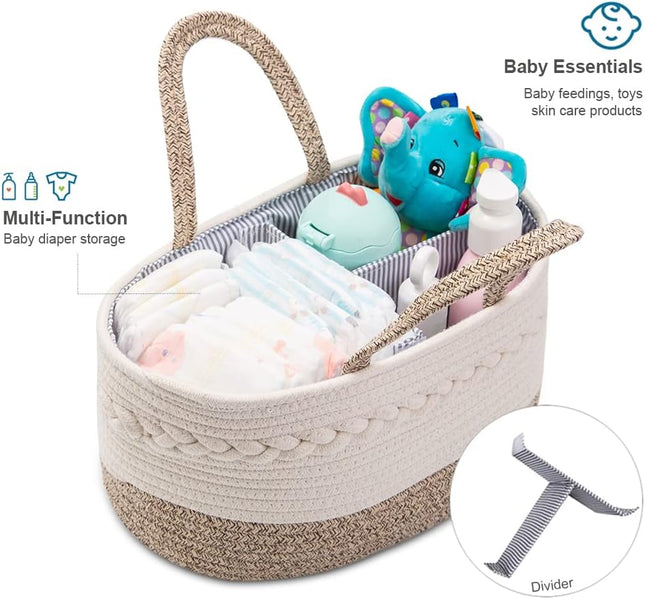 Baby Diaper Caddy Organizer – Portable Cotton Woven Basket, Adjustable Compartments