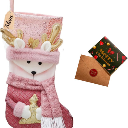 20" Pink Christmas Stockings with Gold Sequins, 3D Reindeer, Santa Claus & Snowman Designs