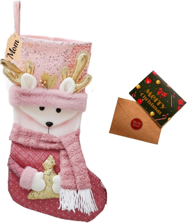 20" Pink Christmas Stockings with Gold Sequins, 3D Reindeer, Santa Claus & Snowman Designs