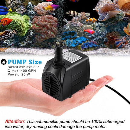 400GPH Submersible Water Pump with 5FT Tubing, 25W 1500L/H for Aquarium, Pond & Fountain