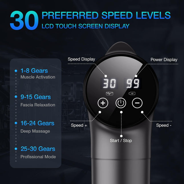 Massage Gun Deep Tissue 30 Speeds 9 Attachments Quiet Muscle Massager Grey Pain