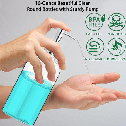 2-Pack Clear Soap Dispenser 16oz, Rustproof Pump, Waterproof Labels, Kitchen Bath