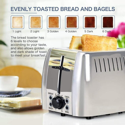 750W 2-Slice Bagel Toaster with 6 Browning Settings and Defrost Function