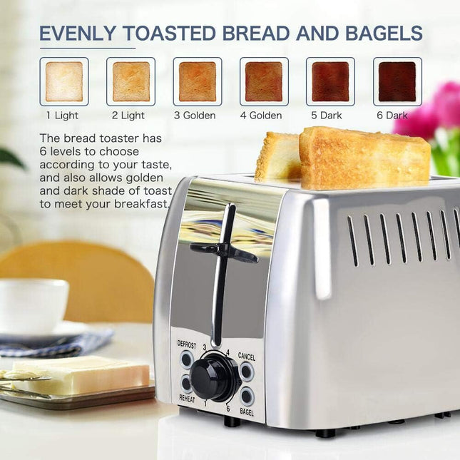 750W 2-Slice Bagel Toaster with 6 Browning Settings and Defrost Function