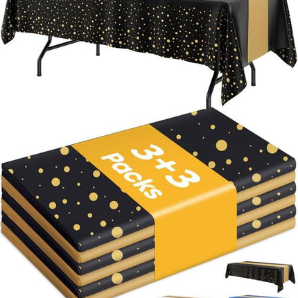 Party Tablecloth Set – 3 Table Covers + 3 Runners, Black & Gold Disposable