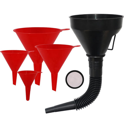 Plastic Oil Funnel Set of 5, Flexible Automotive Fuel Funnel with Long Hose