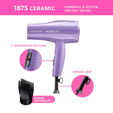 1875W Ceramic Hair Dryer Fast Drying with Comb & Detangler Attachments Purple