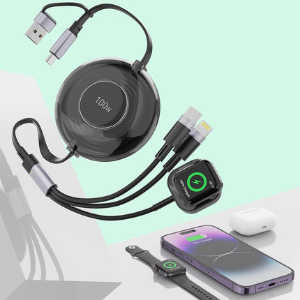 100W 5-in-1 Retractable USB Cable, Fast Charging for iWatch, iPhone & iPad