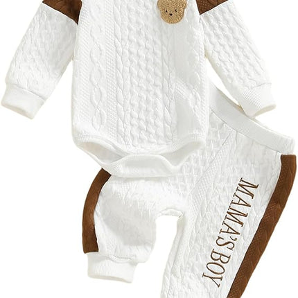 Infant Baby Boy Fall/Winter Outfit – Bear Romper & Pants 2-Piece Set