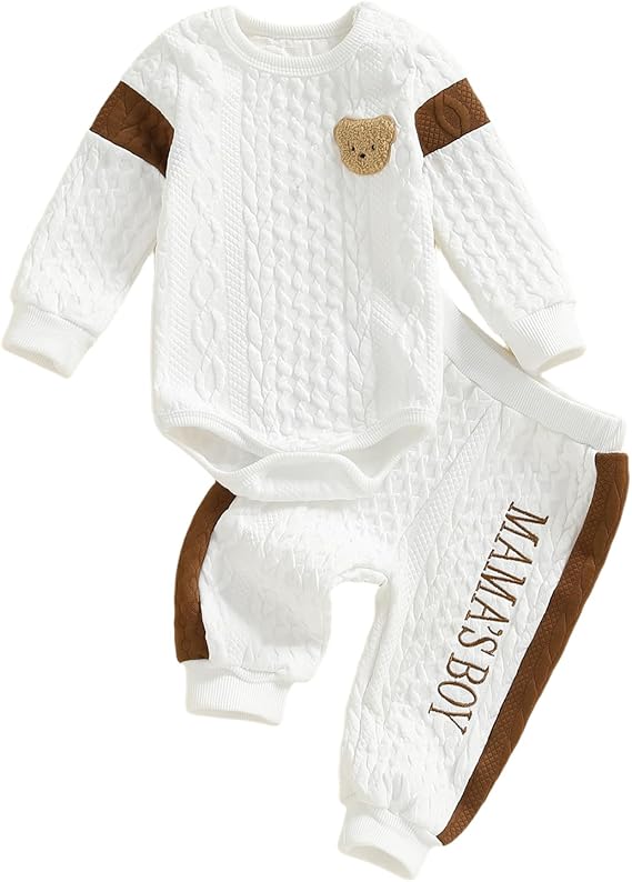 Infant Baby Boy Fall/Winter Outfit – Bear Romper & Pants 2-Piece Set