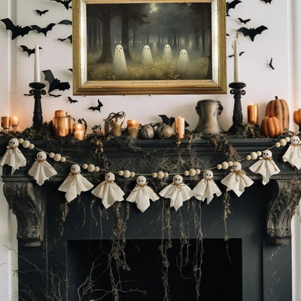 White Ghost Halloween Garland with Wood Beads, Cute Banner for Wall, Mantel & Door