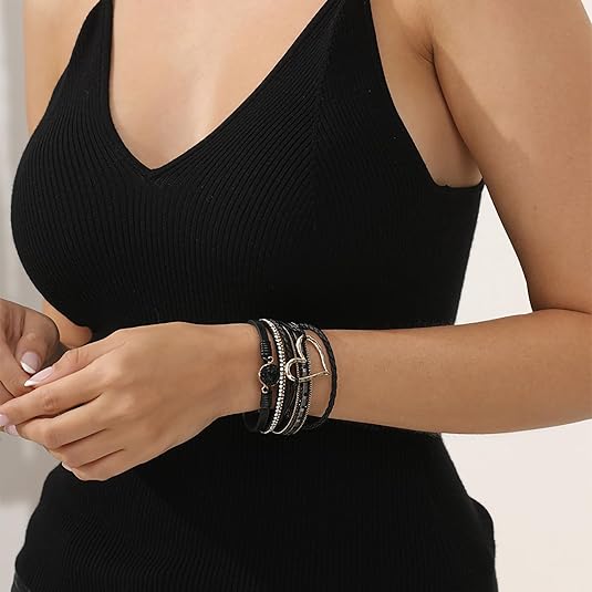 Leopard Bracelet for Women – Boho Leather Wrap, Multi-Layer Pearl & Crystal Bangle