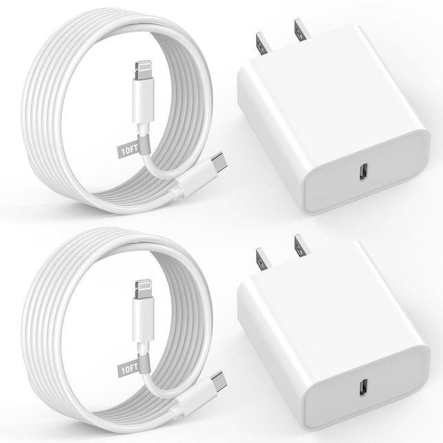 2-Pack 10FT MFi USB-C to Lightning Fast Charging Cables with 20W Wall Charger for iPhone & iPad