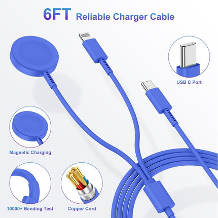 Upgraded Apple Watch Charger, USB-C Magnetic, 6FT Cable, Fast Charging Blue