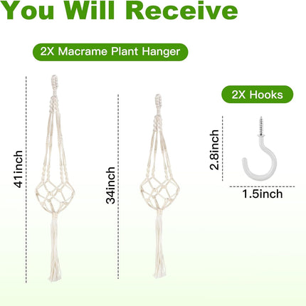 2 Pack Macrame Plant Hangers 34"/41", Hanging Planter Holders with Hooks