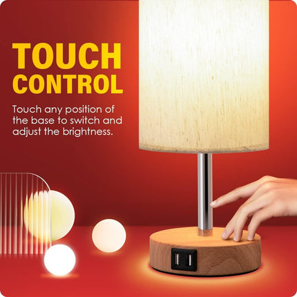 Bedside Touch Table Lamp with USB – 3-Way Dimmable, Wood Base