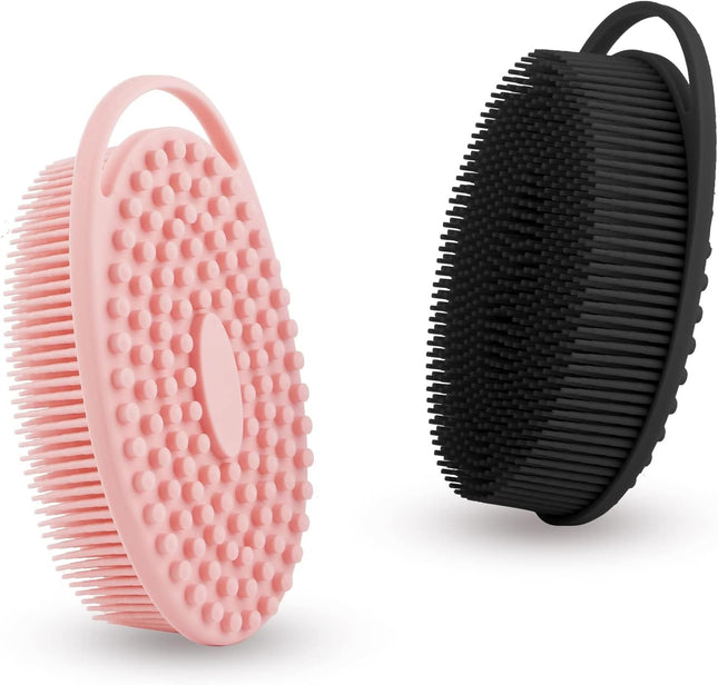 2-Pc Silicone Body Scrubber & Shampoo Brush, Exfoliating Shower Loofah, Black Pink