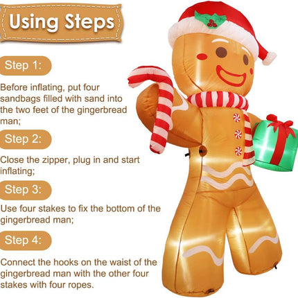 8ft Inflatable Gingerbread Man with Built-in LEDs, Outdoor Christmas Yard Decor