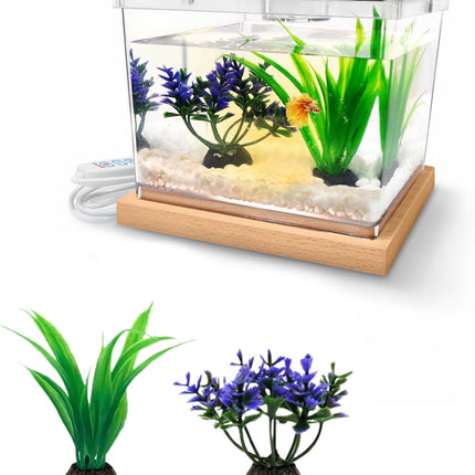 Mini Betta Fish Tank Kit 0.2 Gallon with 3 Colour LED Light Base and Artificial Plants