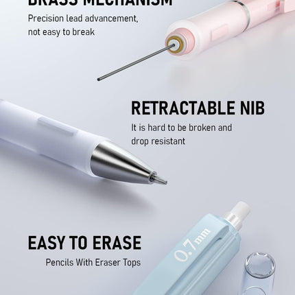 3PCS Mechanical Pencil Set – 0.7mm, Case, HB Lead & Eraser Refills