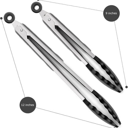2 Pack Black Kitchen Tongs Silicone Stainless Steel BBQ Cooking Locking 9 & 12