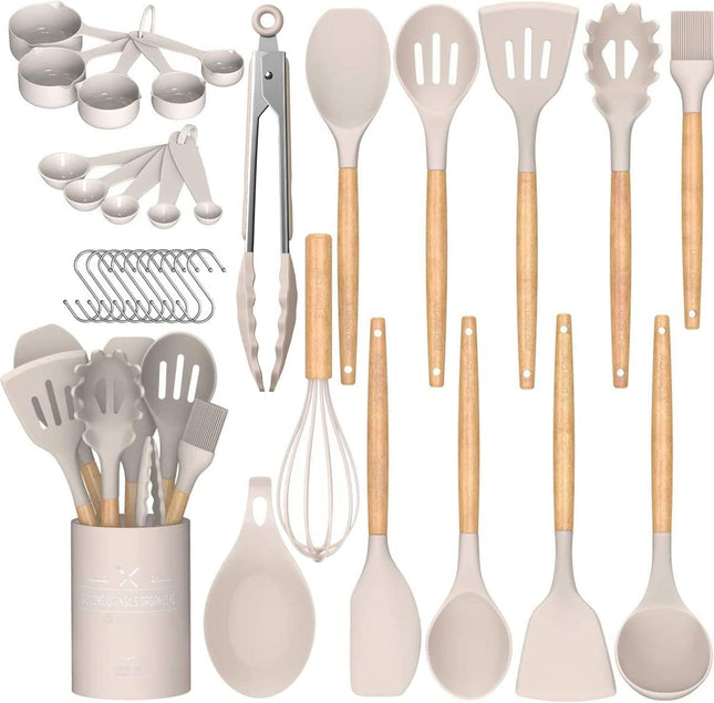 33-Piece Non-Stick Silicone Cooking Utensils Set – Wooden Handle with Holder (Khaki)