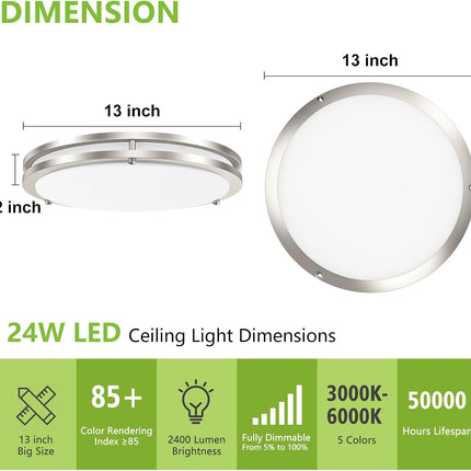 13 Inch Dimmable LED Ceiling Light Brushed Nickel 5CCT 2400LM Flush Mount Fixture