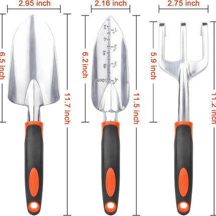 3 Pack Garden Tools Set, Heavy Duty Aluminum Trowel, Shovel & Hand Rake, Orange