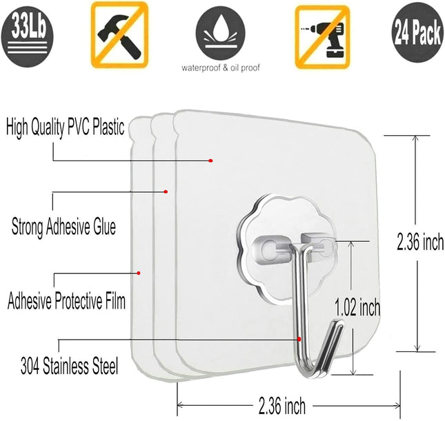24-Pack Self-Adhesive Hooks – Heavy Duty, 33lb Max, Transparent & Waterproof
