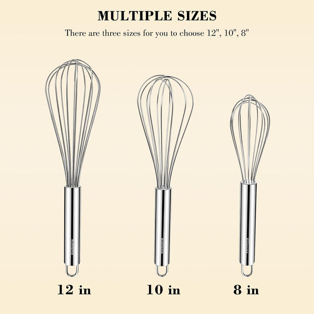 3 Pack Stainless Steel Whisks 8" 10" 12" Balloon Whisk Set for Cooking Baking