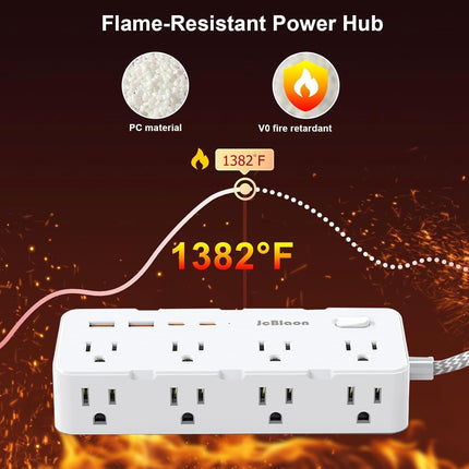 Multi Plug Power Strip – 8 Outlets, 4 USB Ports, Flat Plug & Wall Mount