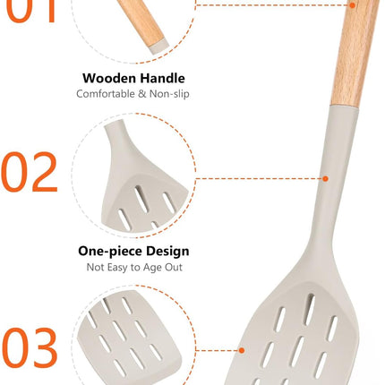 2 Pack Silicone Spatula Wooden Handle Heat Resistant Kitchen Turner Khaki