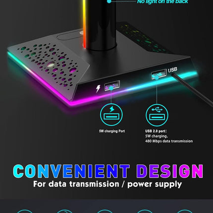 RGB Gaming Headset Stand with 2 USB Ports 10 Light Modes Non Slip Base Black