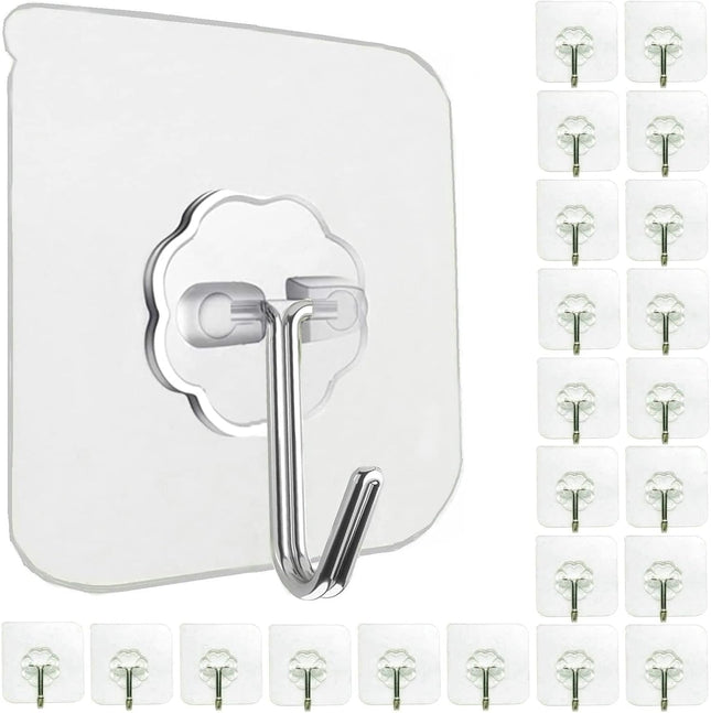 24-Pack Self-Adhesive Hooks – Heavy Duty, 33lb Max, Transparent & Waterproof