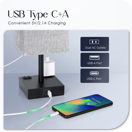 Set of 2 Bedside Table Lamps Touch Dimmable USB C+A Charging Ports AC Outlets