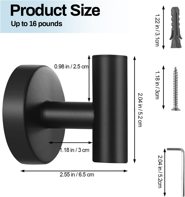 2-Pack Wall-Mount Towel Hooks – Heavy Duty Black Matte Stainless Steel