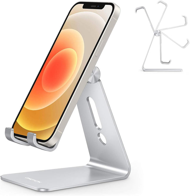 Adjustable Cell Phone Stand – OMOTON Aluminum with Anti-Slip Base & Charging Port
