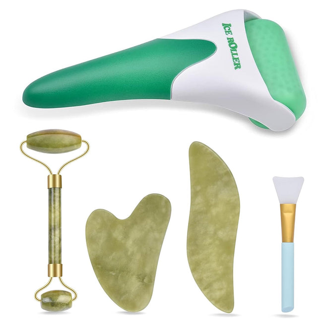 6-in-1 Ice & Jade Roller Gua Sha Set, Facial Massage Tools with Silicone Brush for Face & Neck