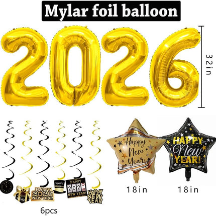 New Year 2026 Party Decorations Banner Glasses Balloons Hanging Swirls