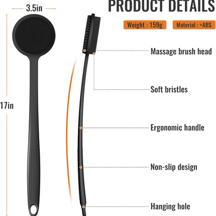 17in Silicone Back Scrubber with Long Handle Double-Sided Shower Body Brush for Men