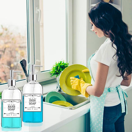 2-Pack Clear Soap Dispenser 16oz, Rustproof Pump, Waterproof Labels, Kitchen Bath