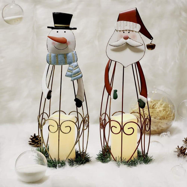 2 Pack Christmas Candle Lanterns with LED Lights Metal Santa Holiday Decor