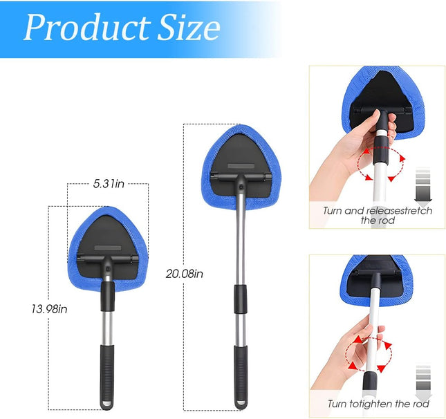 Extendable Car Windshield Cleaning Tool 180° Rotating Head Microfiber Pads Blue